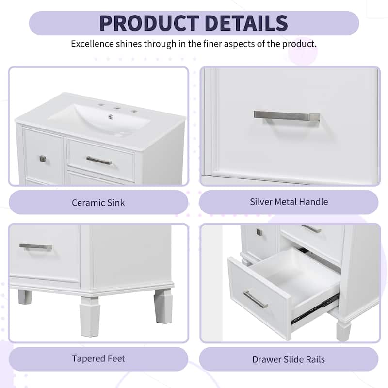 30 Inch Bathroom Vanity with Ceramic Sink, Flip-Out Drawer Design for Plumbing, Soft Close Drawers