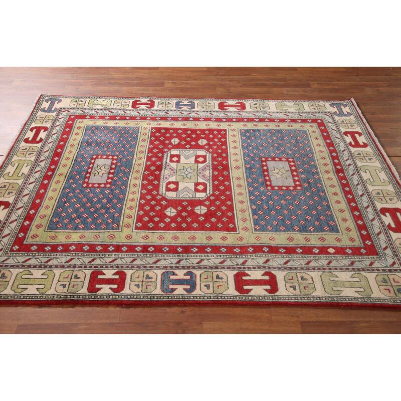 Geometric Kazak Area Rug Handmade Bedroom Wool Carpet - 4'11" x 6'6"