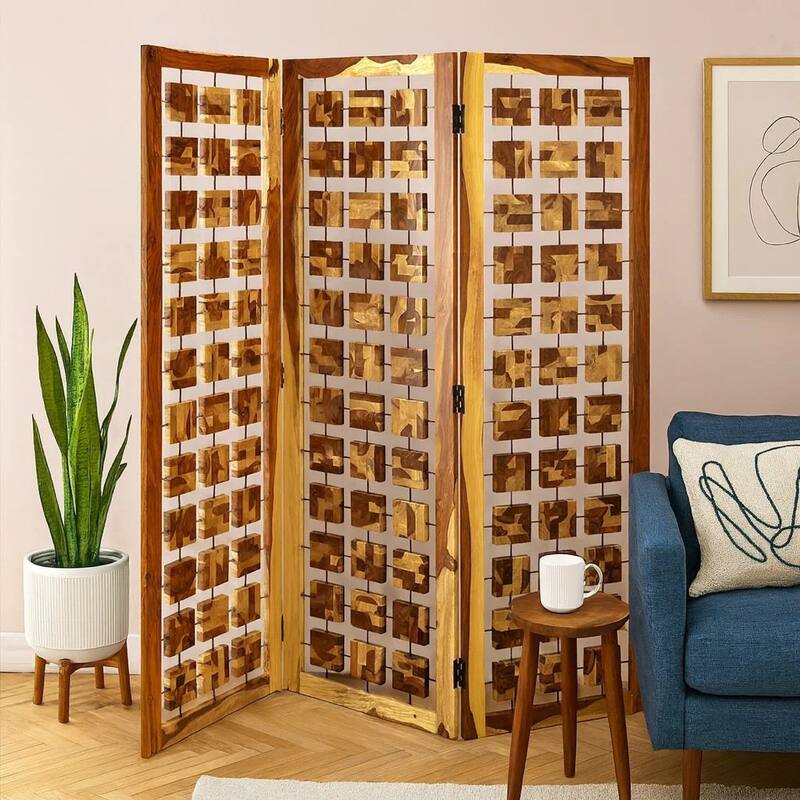 Wooden 3 Panel Room Divider with Interconnected Square Blocks, Brown