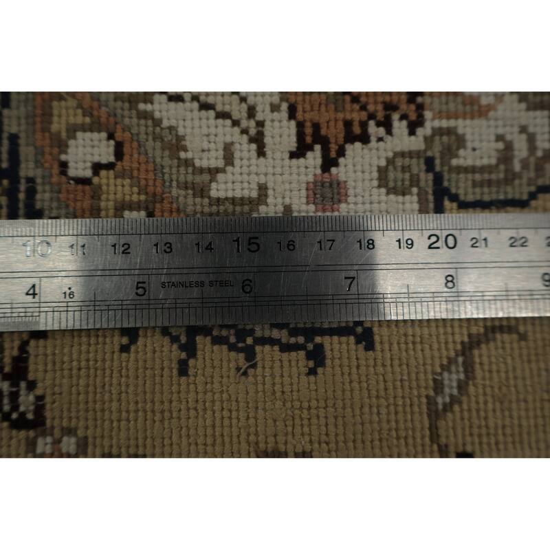 Hand Knotted Oriental Silk Carpet Traditional Floral Beige & Ivories Kashmir Area Rug - 8' 11'' X 6' 1''