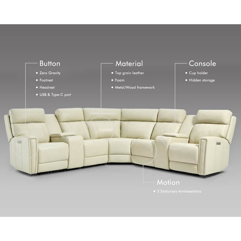 Genuine Leather Power Recliner Sectional Sofa with Ajustable Headrest, USB&USB-C Port