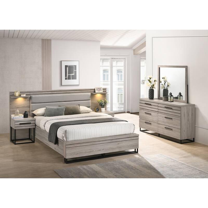 Roundhill Furniture Alvear Wallbed Bed with White LED Lights, Dresser, Mirror, and 2 Nightstands, Weathered Gray - Queen