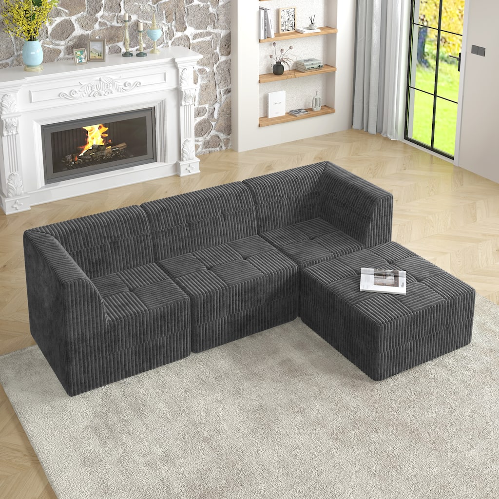 L Shape Modular Sectional Sofa with Movable Ottoman, Corduroy Upholstered Sleeper Sofa, High-Rebound Spong Compressed Sofa