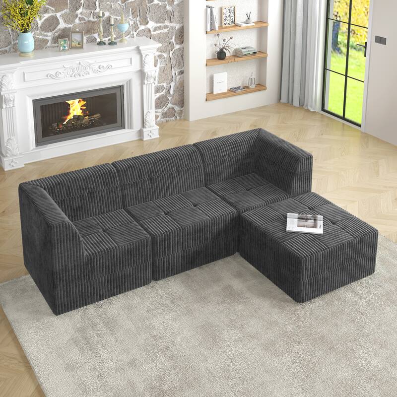 Minimalist Corduroy Upholstered Sectional Sofa with Chaise, Modular Compressed Sleeper Couch with Ottoman for Living Room