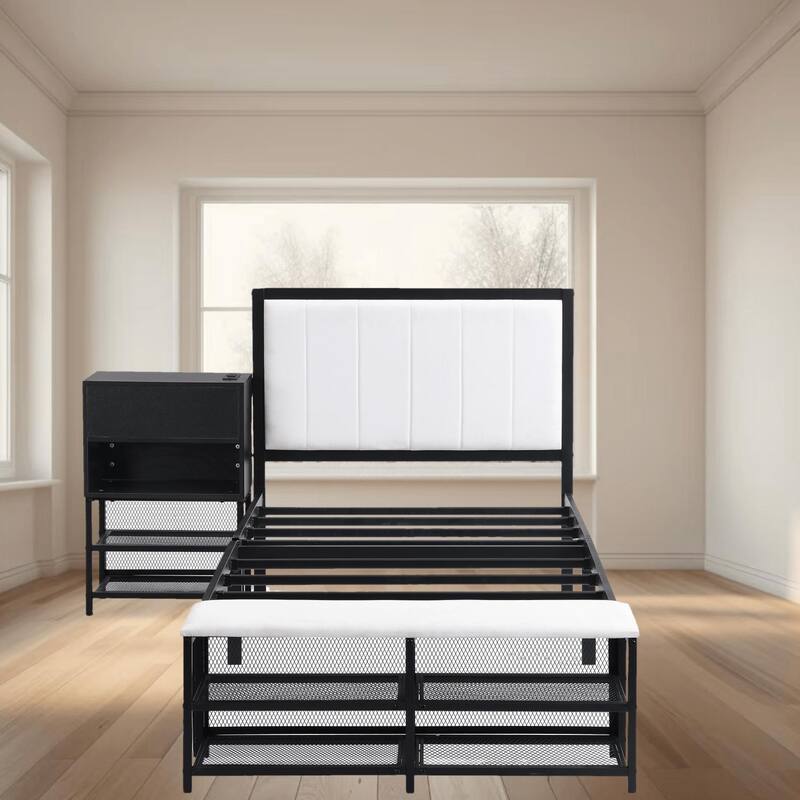 Twin Size Metal Platform Bed Frame with Two-Tier Storage Shelves and Wooden Cabinet, Sleek and Functional for Bedroom - Black - Twin