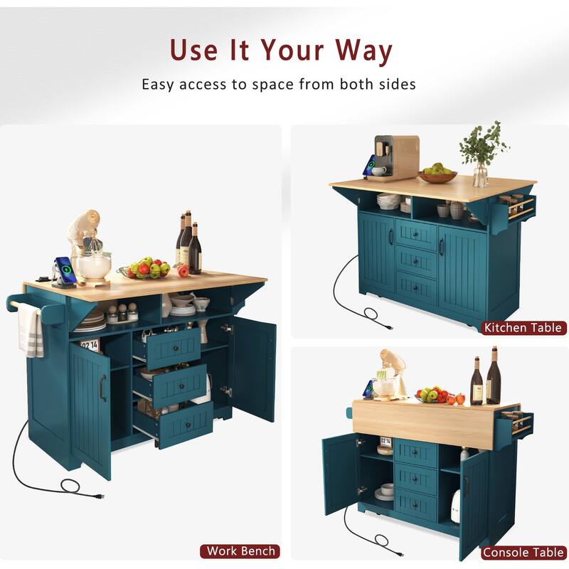 Rolling Kitchen Island with Dual Drop Leaves - Large Kitchen Storage Cart with Charging Statio