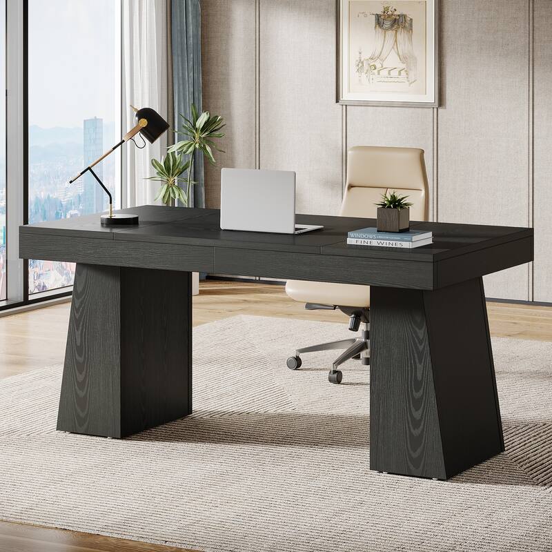 55 Inches Wood Executive Desk for Home Office, Rectangular Large Computer Desk - Black