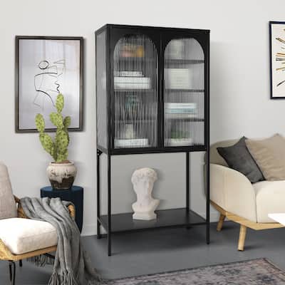 Adjustable Shelves Cabinet with 2 Glass Arched Doors