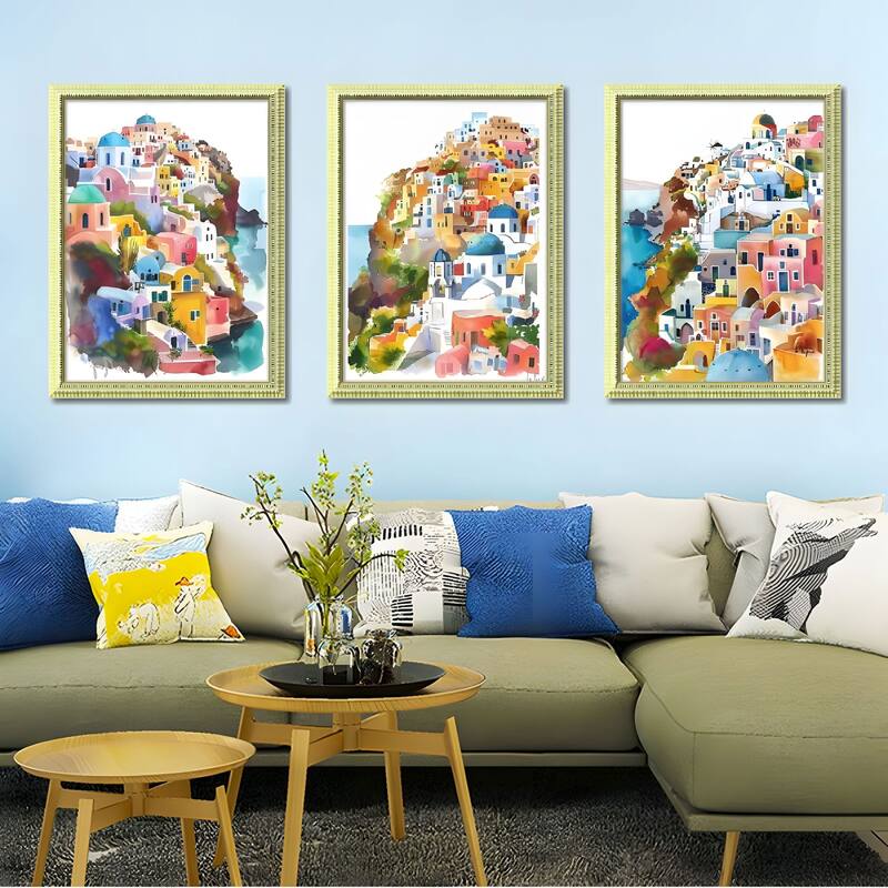 Set of 3 Colorful Cityscape Framed Wall Art - Replaceable Canvas Prints with Wood Picture Frames - Green,Pink