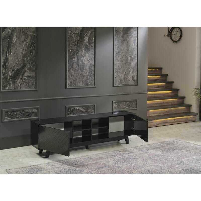 TV Stand Console Wood TV Cabinet with 2 Closet Spaces for Living Room