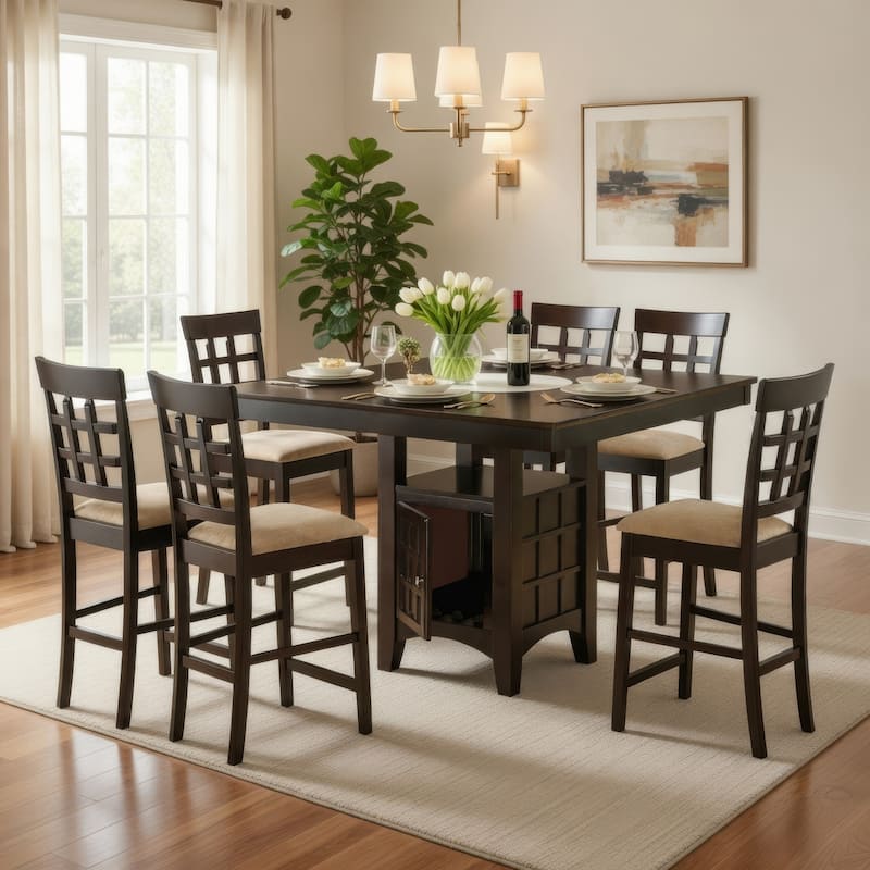 Uric Counter Height Dining Table w Wine Storage, 6 Lattice Chairs, Brown