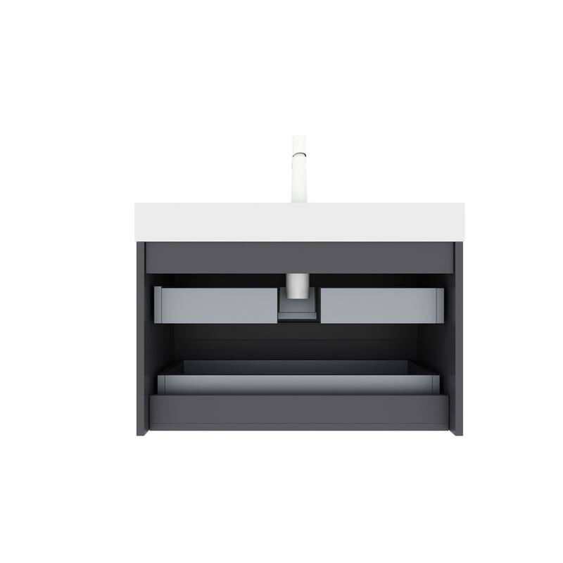Plywood Wall-Mounted Bathroom Vanity Set in Grey with Integrated Acrylic Sink