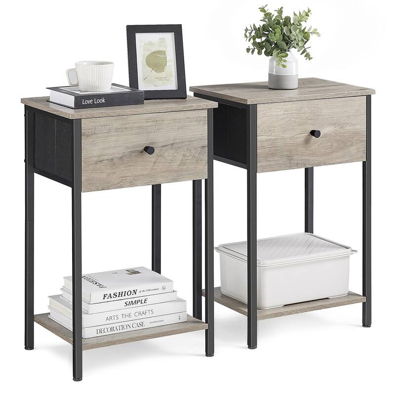 Nightstand, Side Table with Fabric Drawer - Greige - Set of 2