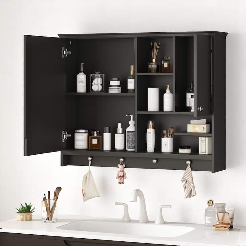 Bathroom Wall-Mounted Mirror Cabinet, 36" with 1 Door, Adjustable Shelf and Hidden Storage