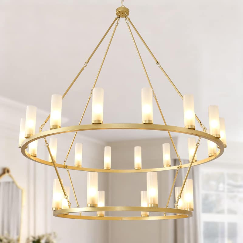 24 - Light 2 - Tier Gold Wagon Wheel Chandelier, 48.6" Wide, Frosted Glass Shades - Brushed Brass - Brushed Brass
