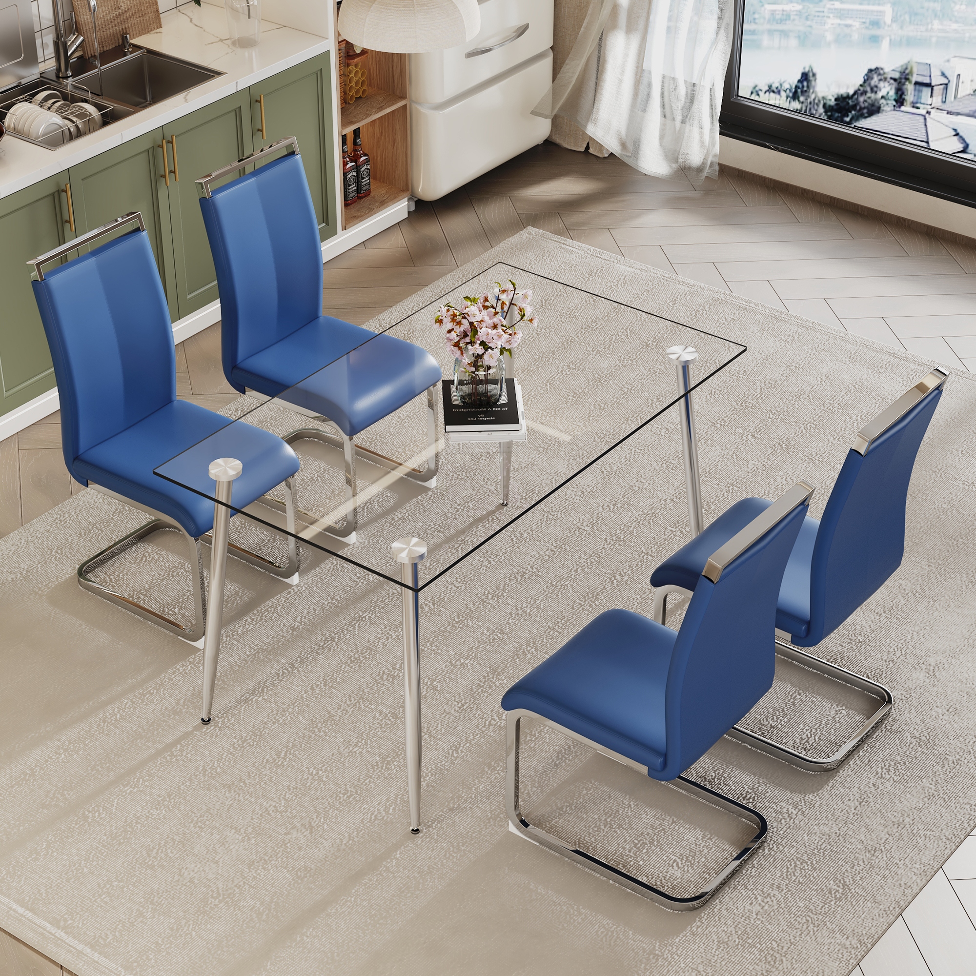 Glass dining table dining chair set 4 blue dining chairs 1 dining table. Table size 51
