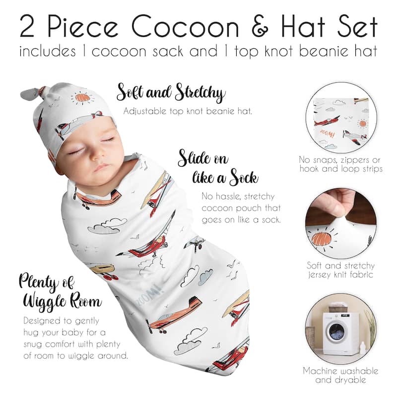 Sweet Jojo Designs Vintage Airplane Boy Baby Cocoon and Beanie Hat Sleep Sack 2pc Set- Transportation Clouds Sun Sky Aviator Red