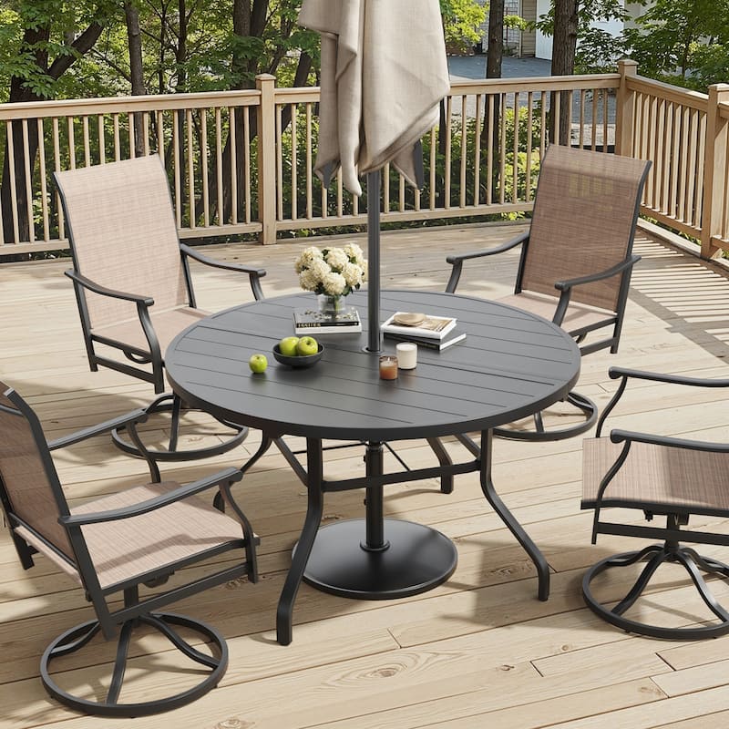 Round Outdoor Patio Dining Table, 47" Round Patio Table Wood-Like Grain with 1.57" Umbrella Hole, Metal Outdoor Dining Tables