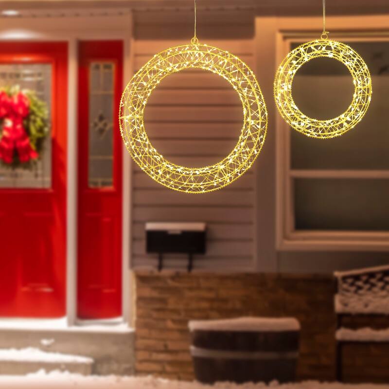LED Lighted Hanging Christmas Wreath Decorations - 18" - Set of 2