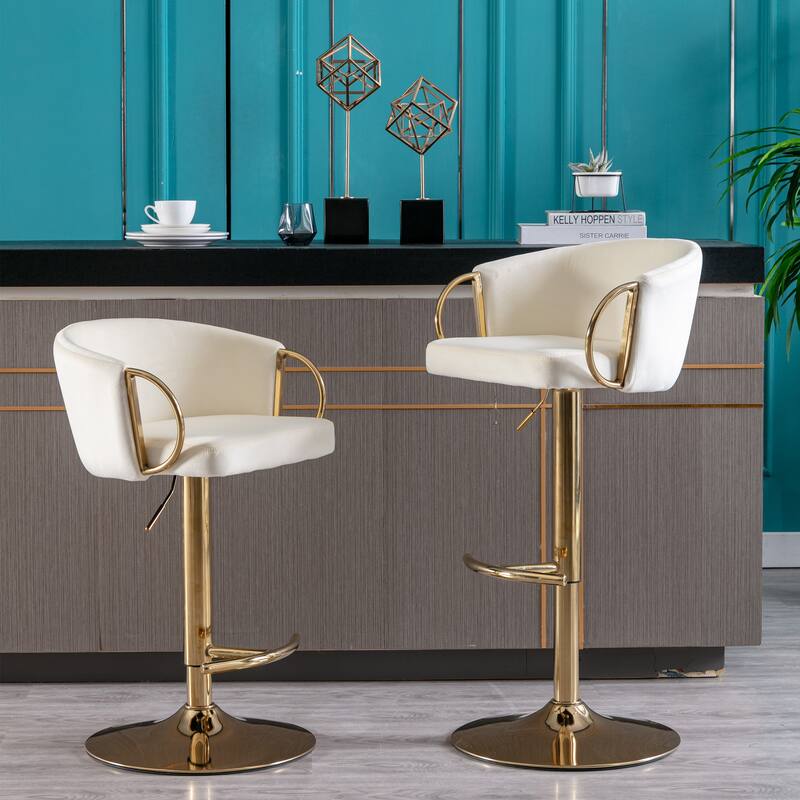 2 Velvet Bar Stools with Chrome Footrest and Base Swivel Height Adjustable - N/A
