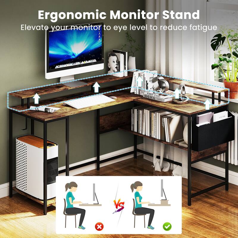Gymax L-Shaped Gaming Desk w/ LED Lights & Power Outlets Monitor Stand