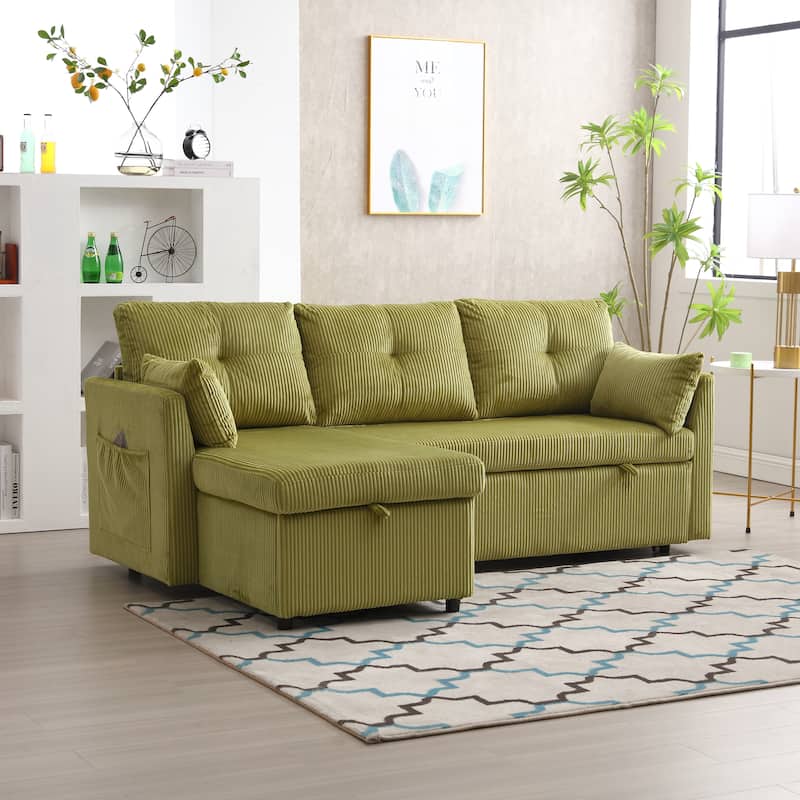 Green 81.1" Fabric L-Shaped Sofa with Reversible Chaise, Storage, and Solid Wood Frame - Olive