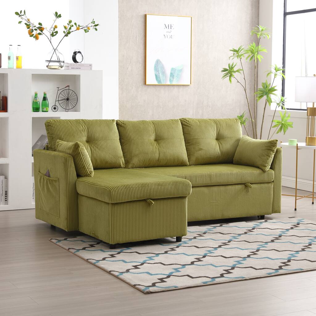 Olive 81" Corduroy L-Shaped Sleeper Sectional Sofa