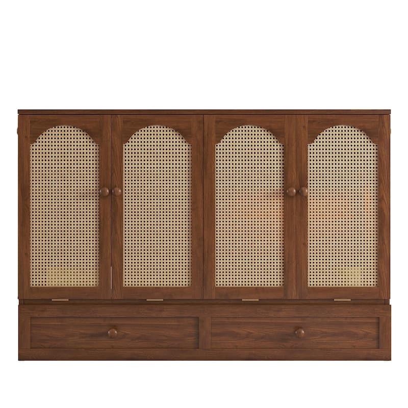 Queen Size Murphy Bed with Drawer Pine Wood Cabinet Bed with Power Station and Rattan Decoration Panel