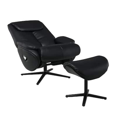Top Grain Leather Upholstered Swivel Accent Chair with Ottoman in Black