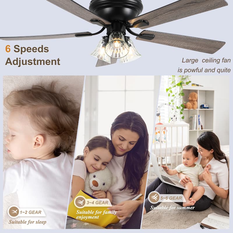 Bella Depot 52" Flush Mount Ceiling Fan with Light and Remote 6-Speed Reversible DC Motor