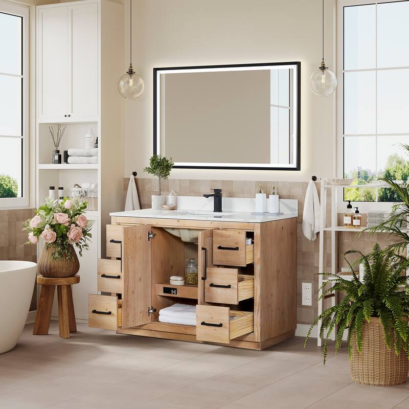 Floral Single Bathroom Vanity in Light Brown with Calacatta White Quartz Countertop with Mirror