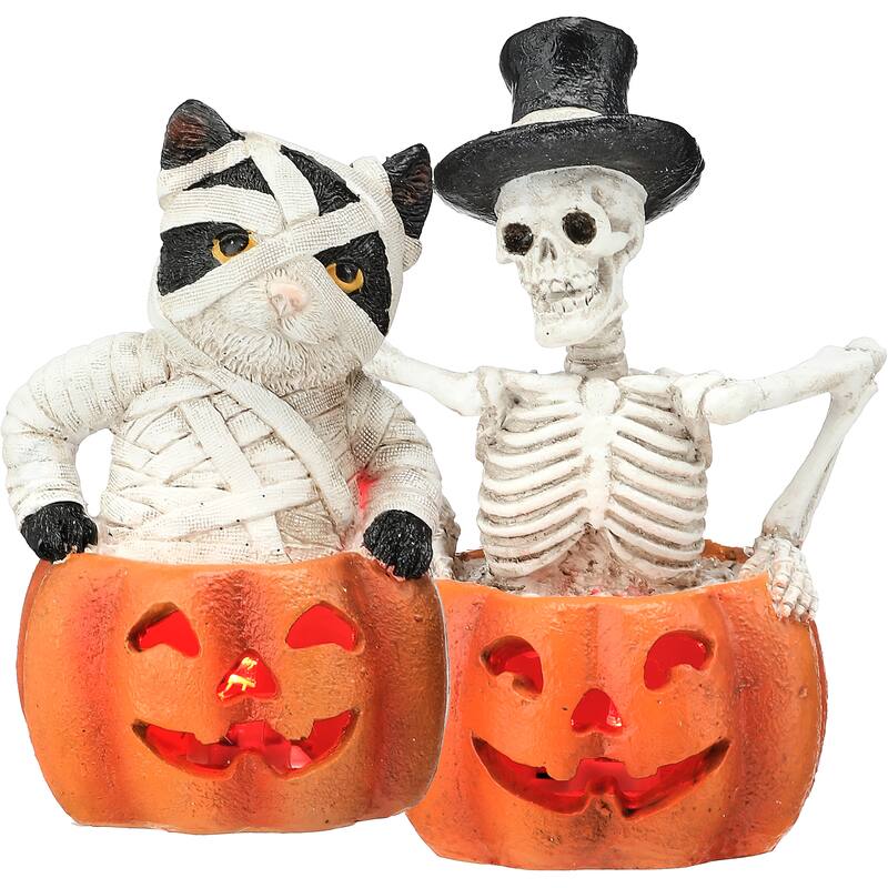 5.5" Resin LED Battery Operated Pumpkin With Skeleton Cat Set of 2