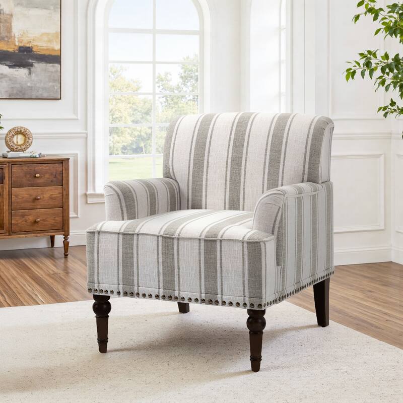 Striped Upholstered Linen Armchair with Brass Nailhead Trim