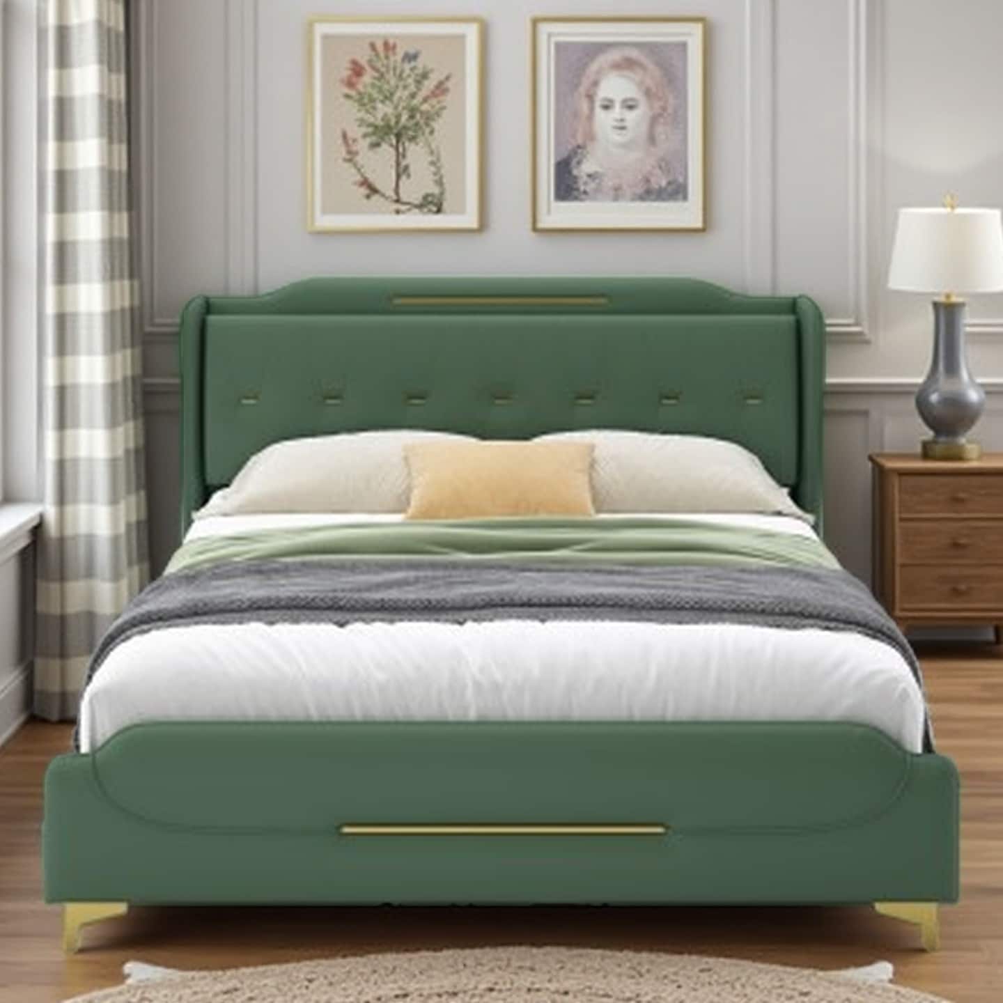 PU Leather Platform Bed with Gold Metal Accents, Wingback Headboard & Footboard, Solid Wood Slat Support, No Box Spring Needed