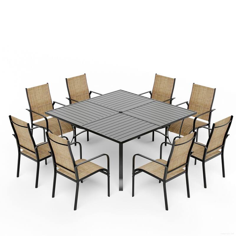 5/7/9-Piece Outdoor Patio Dining Set with Stackable Textilene Chairs and Slatted Table, Furniture with Adjustable Umbrella Hole