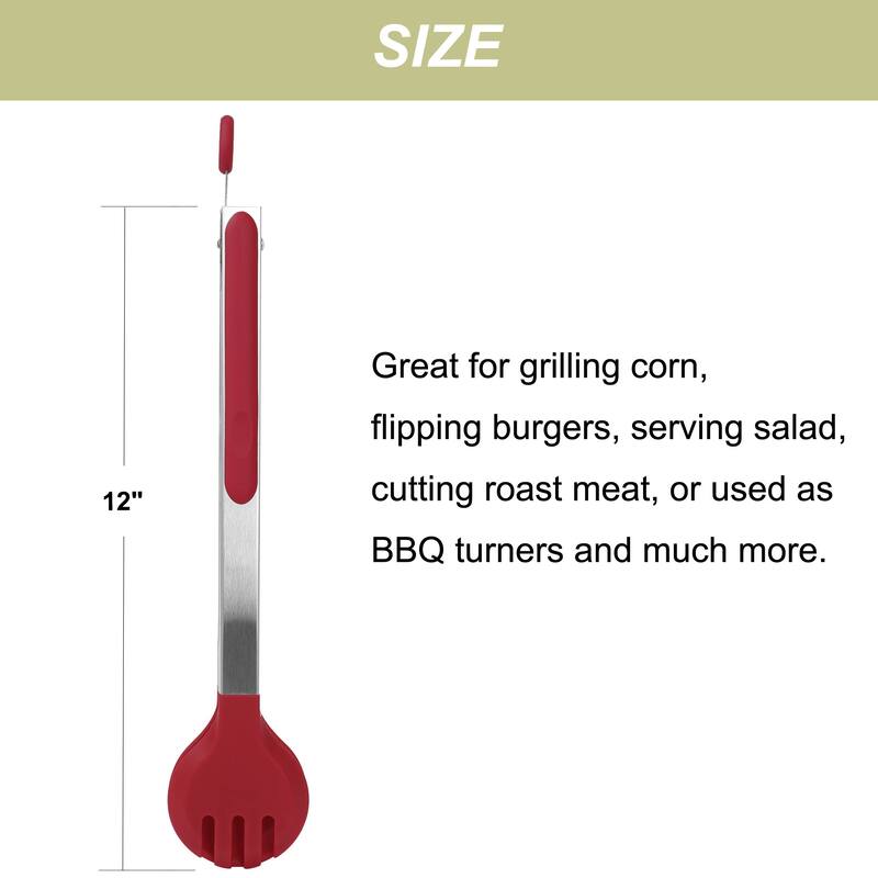 Kitchen Tongs for Cooking Stainless Steel Tongs Silicone Round Head Salad 12" - Burgundy