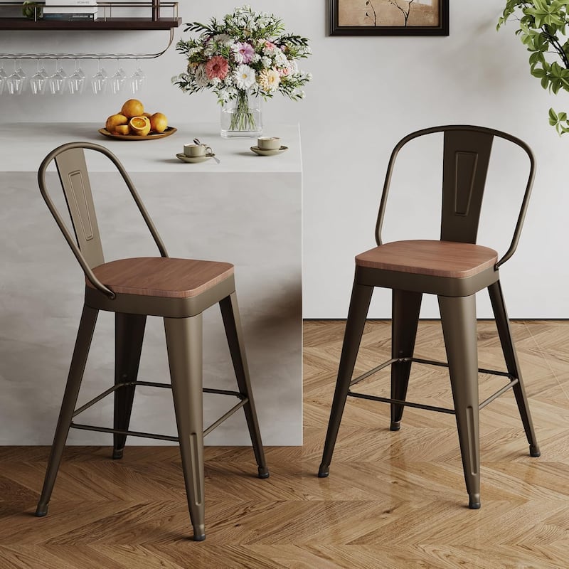 Counter Stools with Metal Frame Counter Height Bar stools with High Back 24" Kitchen Bar Furniture Stools with Wooden Seat