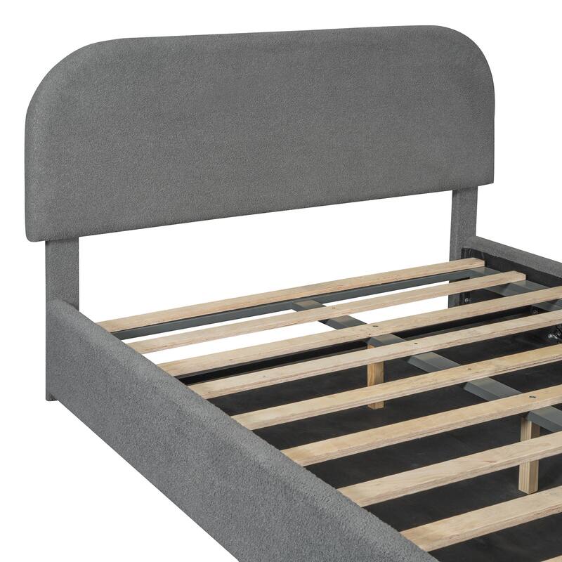 Lift Up Storage Platform Bed Frame, Teddy Fleece Low Profile Bed Hydraulic Storage System, Curved Headboard, Wood Panel Bed