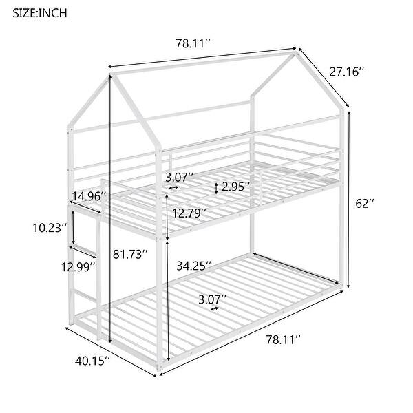 dimension image slide 1 of 2, Twin over Twin Metal Bunk House Beds Frame Built-in Ladder for Kids, Boys and Girls