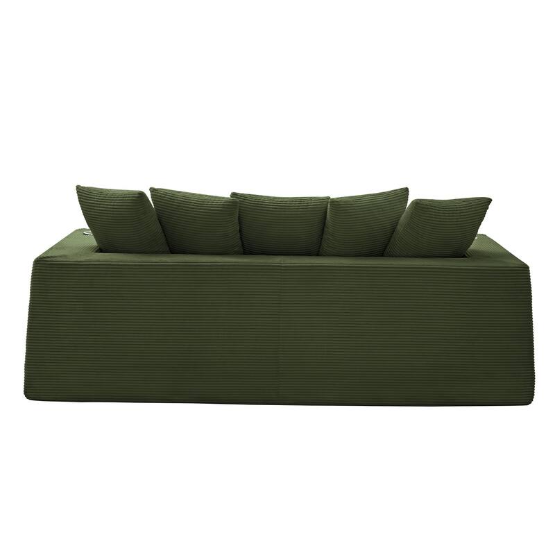 Modern Convertible Loveseat Sofa Bed, Corduroy Fabric Foldable Floor Couch w/5 Pillows, Side Pockets & Cup Holders, No Assembly