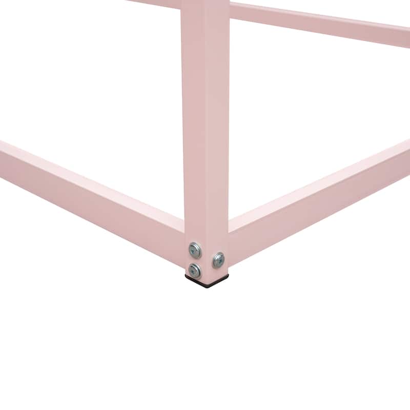Twin Size Floor Kids Bed, Open Metal House Bed Frame with Roof Design