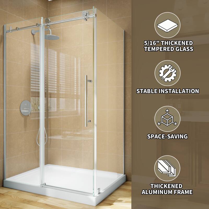 Modland 44-48" x 72'' Semi-Frameless Sliding Shower Enclosure - 5/16" SGCC Glass, Matte Black/Brushed Nickel