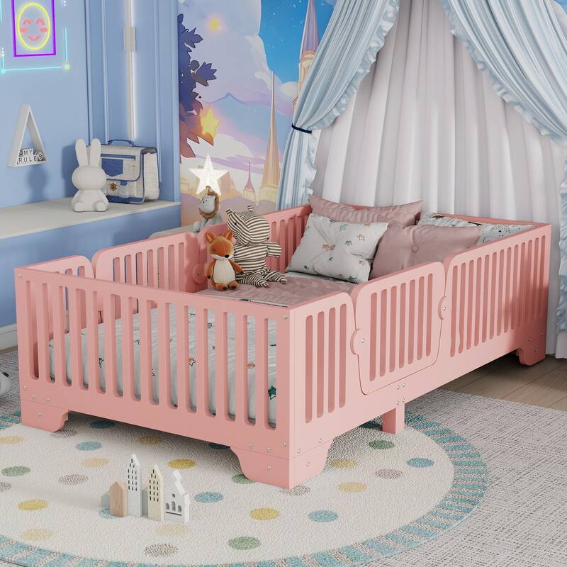 Montessori Floor Bed with Detachable Door, No Box Spring Needed, Kids Platform Bed with Slats and Fence