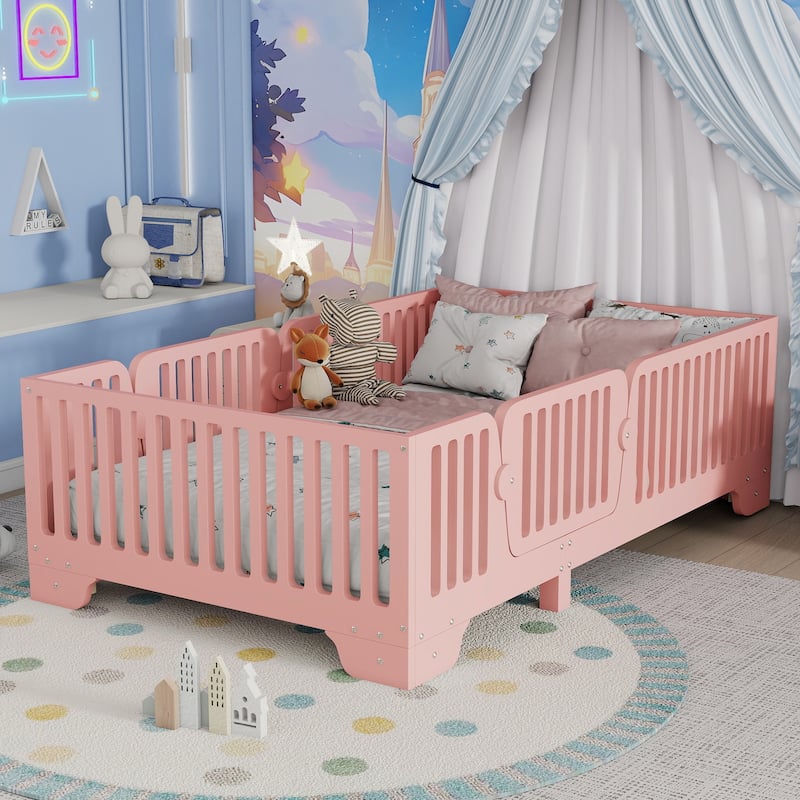 Twin Floor Bed with Slats and Fence, Twin Size Montessori Floor Beds with Door, No Box Spring Needed