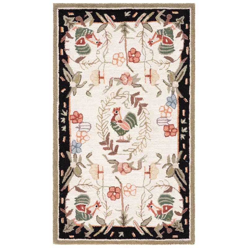 SAFAVIEH Handmade Chelsea Asmaa French Country Rooster Wool Rug - 3'9" x 5'9" - Creme/Black