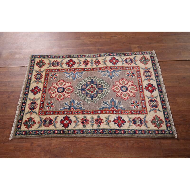 Hand Knotted Oriental 100% Wool Carpet Traditional Geometric Greys & Charcoal Kazak Area Rug - 3' 0'' X 2' 0''