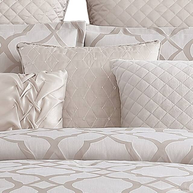 9 Piece Queen Size Fabric Comforter Set with Quatrefoil Prints, White