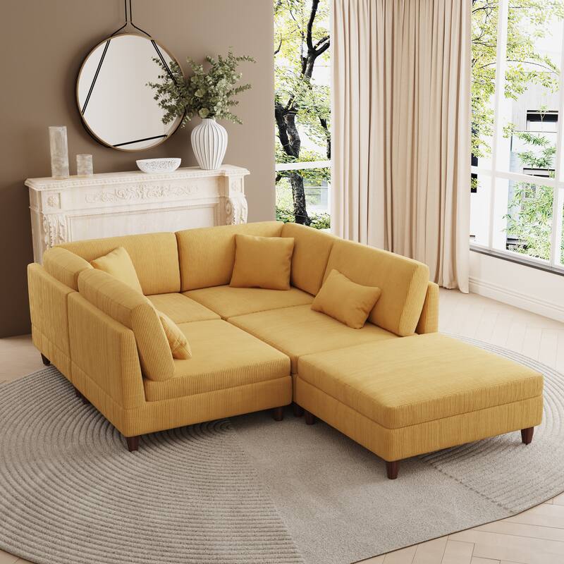 Corduroy Convertible Couch Modular Sectional Sofa with Ottoman