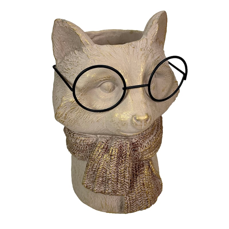 Bespectacled Fox Cement Vase 8.25In Cute Fox Planter, Animal Flower