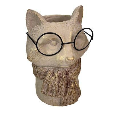 Bespectacled Fox Cement Vase 8.25In Cute Fox Planter, Animal Flower